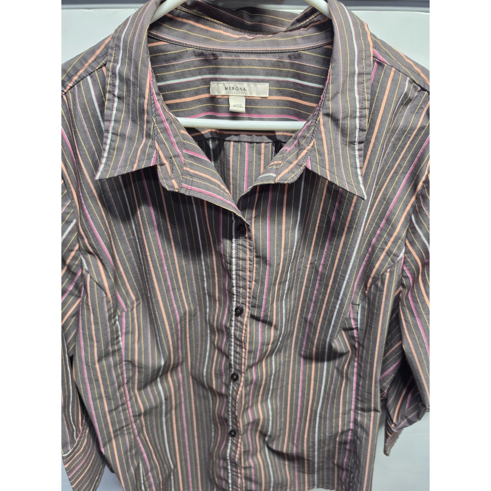 Merona Womens 26W Brown Pink Striped 3/4 Sleeve Button Down Shirt Plus Size